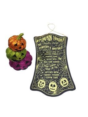 Halloween decor large wall sign dinner menu 3 stacked pumpkin glitter decoration